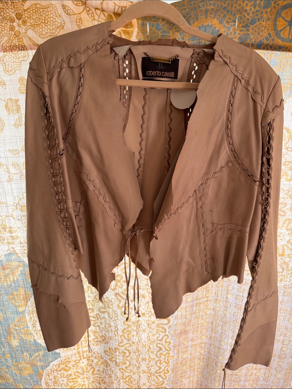 Incredible Roberto Cavalli Taupe nude  buttery Leather lace-up patched Jacket 44 - Picture 2 of 7